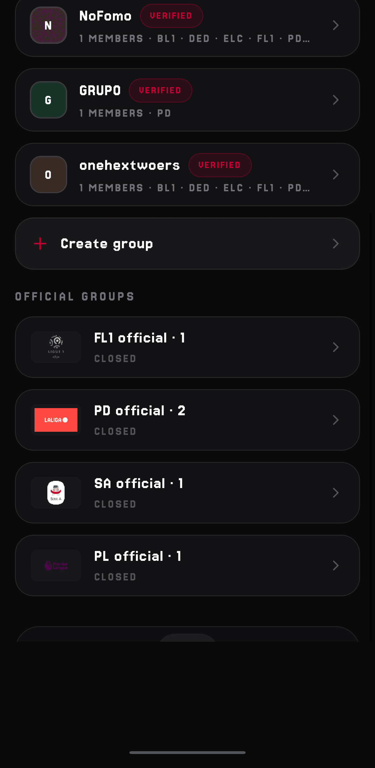 Pantalla de grupos de onehextwo: tus grupos, crear un grupo y grupos oficiales por competición