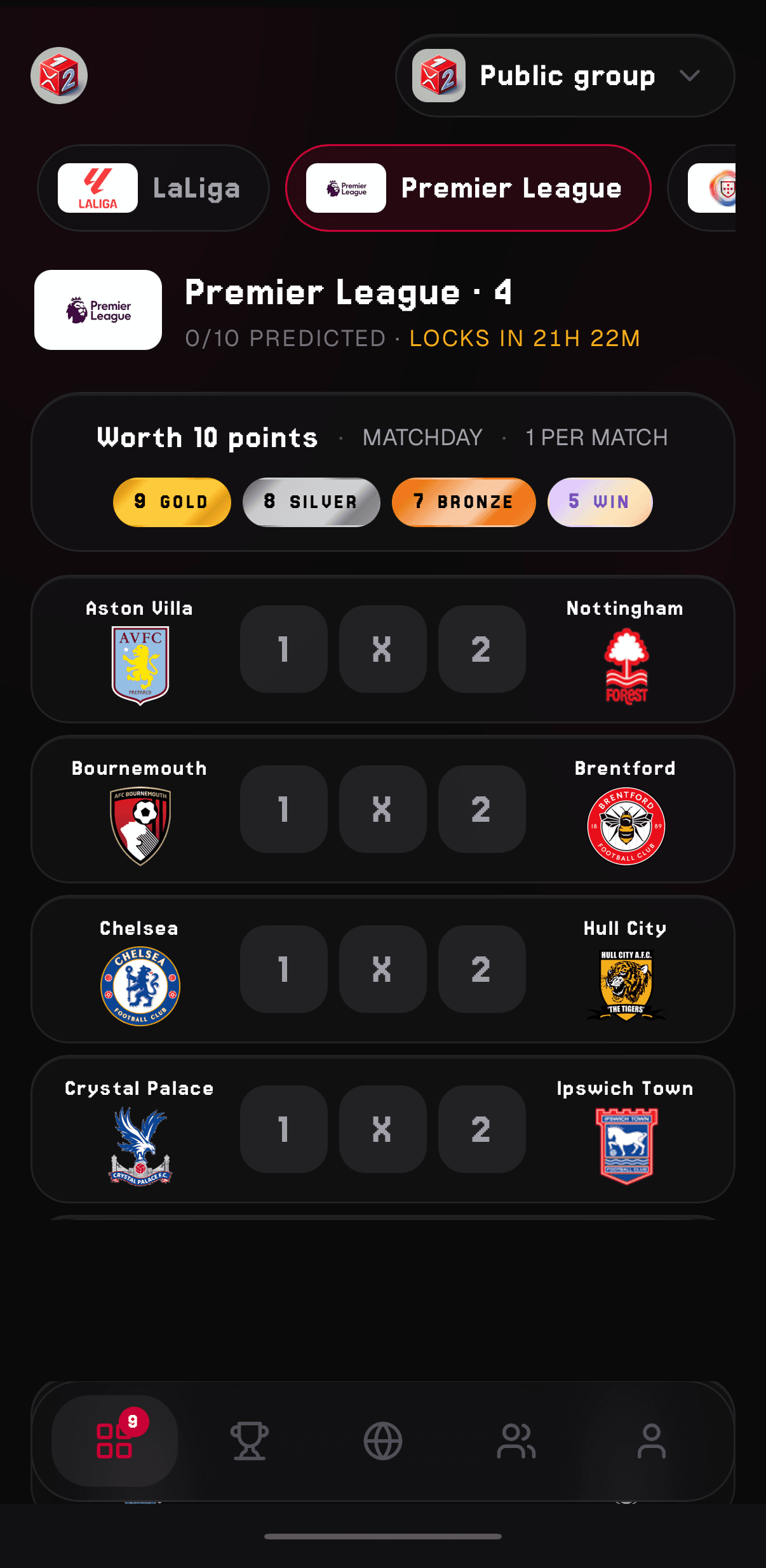 Cupón de una jornada de Premier League en onehextwo: se marca 1, X o 2 en cada partido