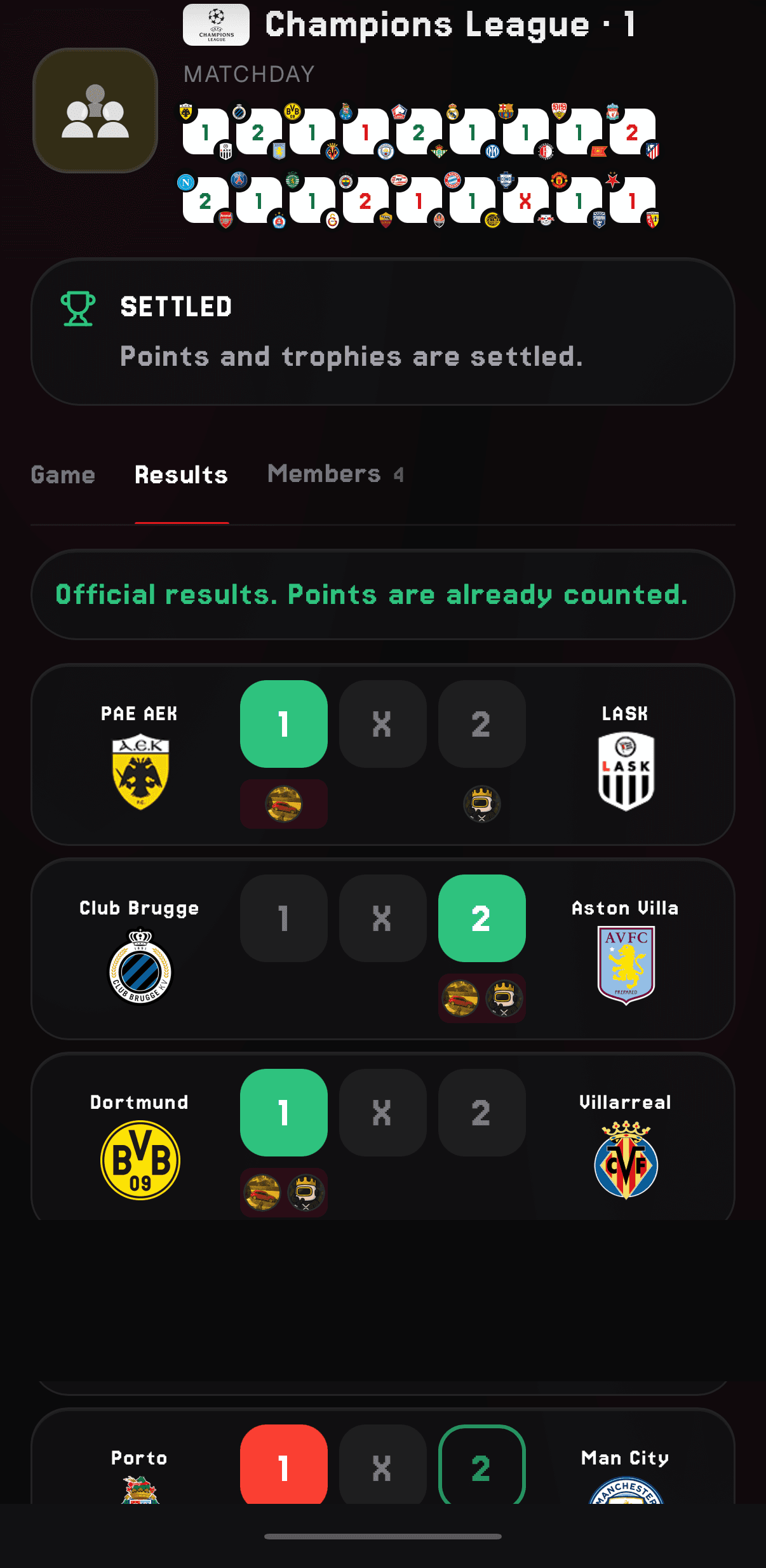 Jornada de Champions League ya corregida en onehextwo, con los aciertos marcados en verde